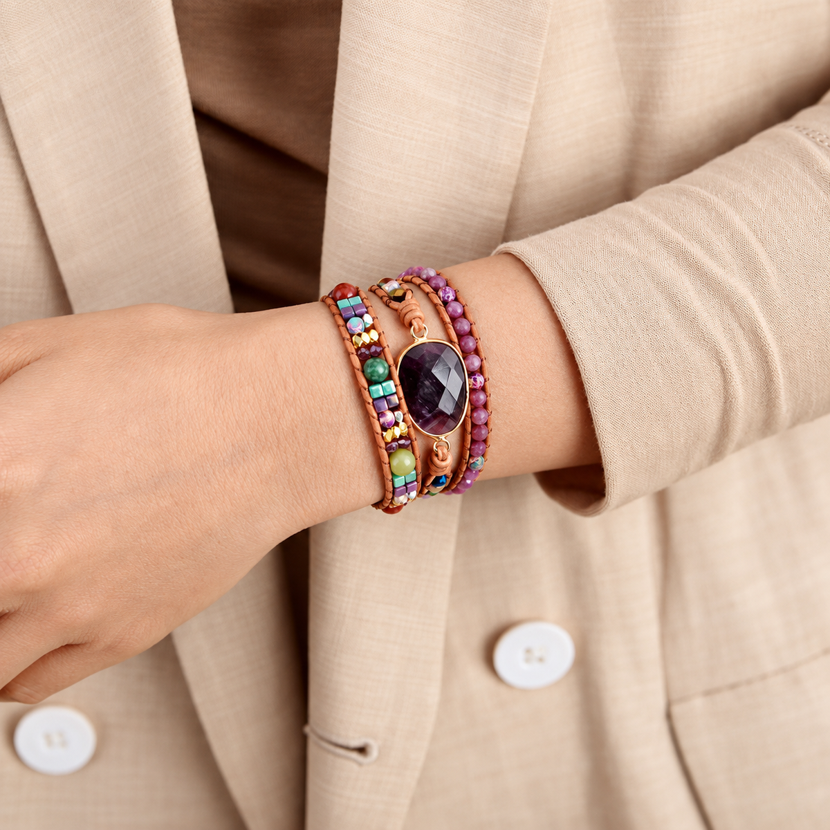 Bracelet améthyste bohème porté