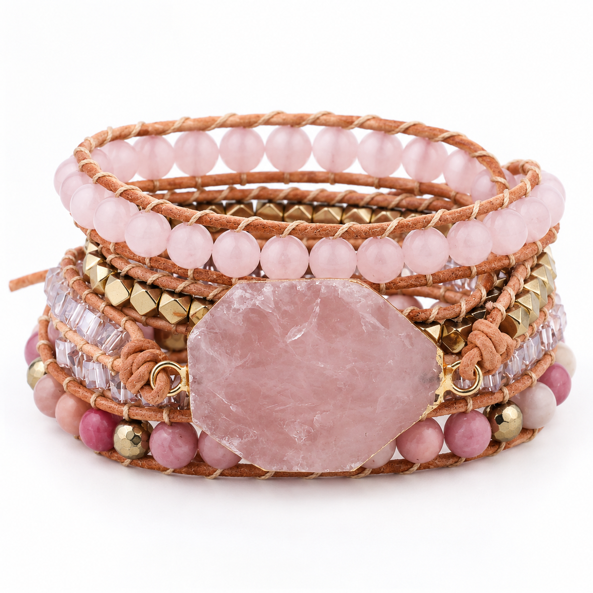 Bracelet Quartz Rose Bohème porté, vue de face.