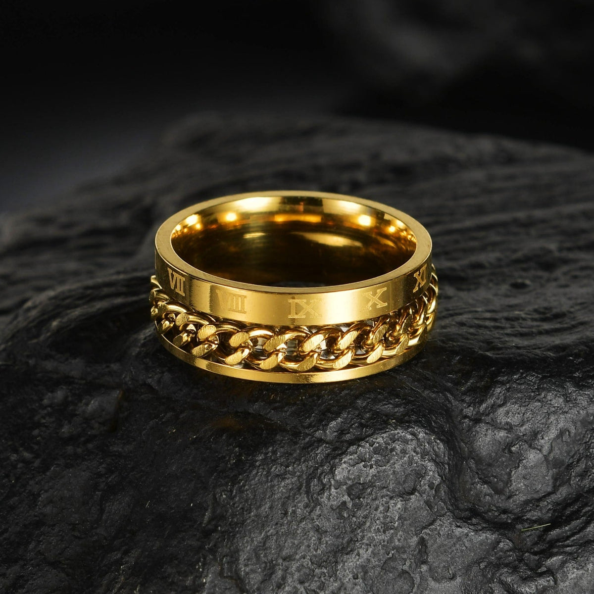 Bague anti-stress à anneau tournant Chaine Chiffrée couleur or.