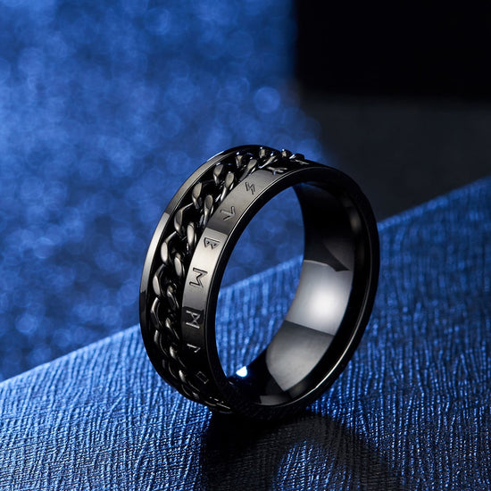 Bague anti-stress à anneau tournant Chaine Viking couleur noir.