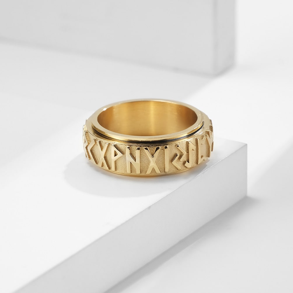 Bague anti-stress anneau tournant Écriture Viking couleur or