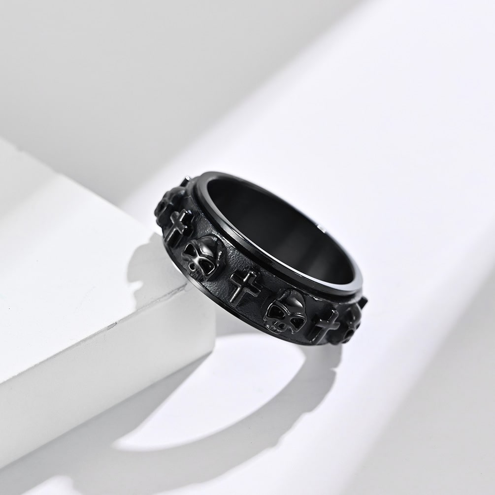 Bague anti-stress à anneau tournant Tête de Mort couleur noir