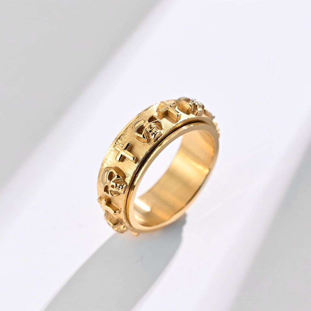 Bague anti-stress à anneau tournant Tête de Mort couleur or